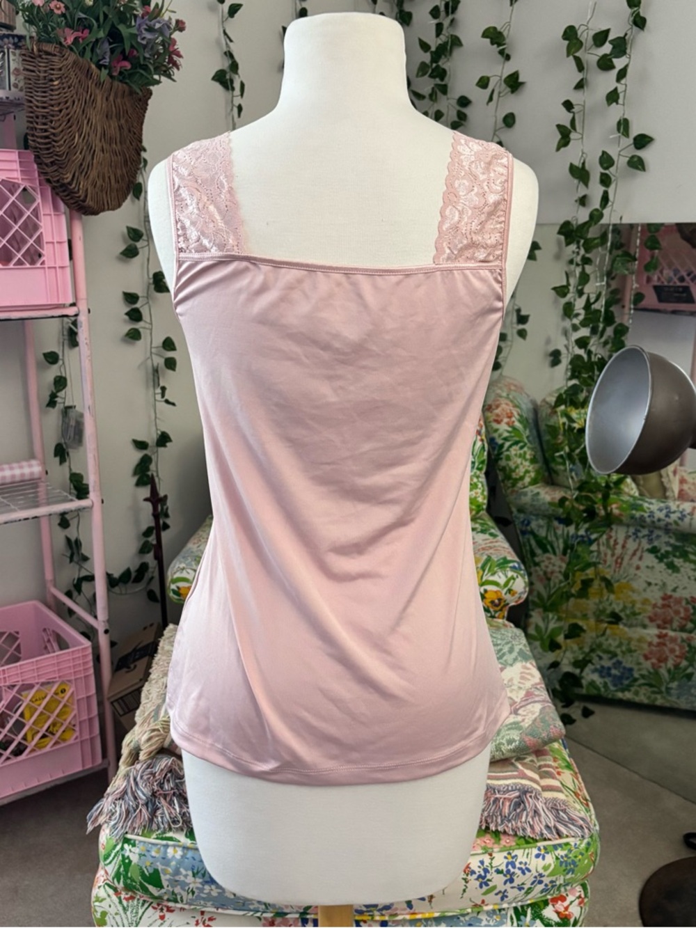 Y2K Baby Pink Lace Tank Top Coquette Soft Girl Fitted Cami Size S - Picture 5 of 6